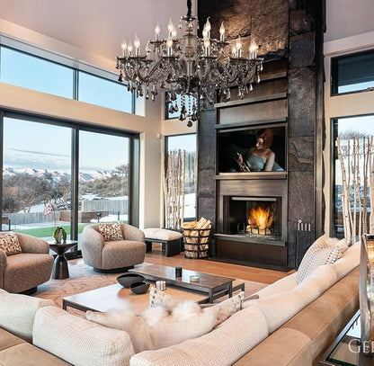 Modern Luxury K9 Crystal Chandelier 18 Light Large Smoky Gray Crystal Chandelier Lighting 39.5" E12 Crystal Pendant Light Fixtures for Living Room, Stair,Store (Double Layer 12+6 Lights)