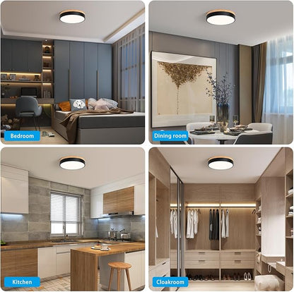 WOKNOS Dimmable Wood Flush Mount Ceiling Light Modern Black LED Ceiling Light Fixture 2700K-6000K Minimalist Round Close to Ceiling Light for Bathroom Hallway Bedroom Entryway Kitchen, 11.81"