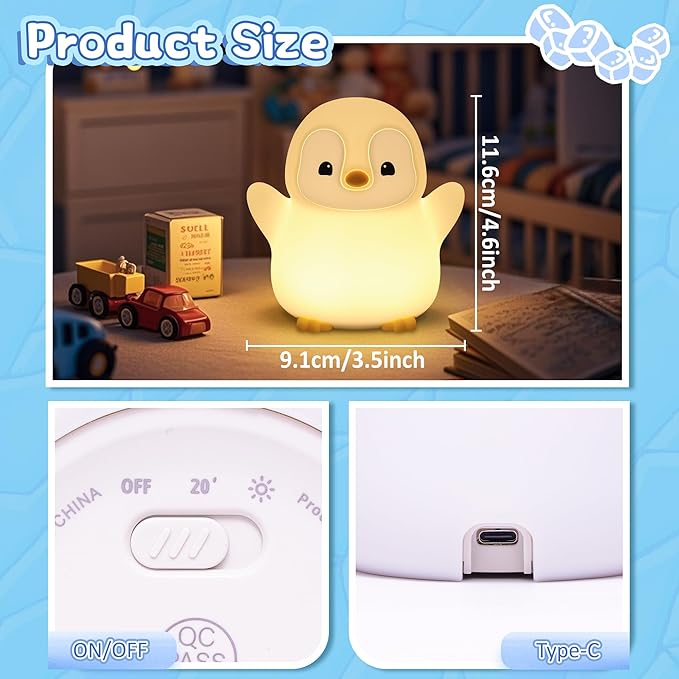 Attivolife Penguin Night Light, Cute Penguin Gifts for Kids, Animal Themed Squishy Silicone Nursery Lamp with Dimming Timing, USB Rechargeable Bedside Nightlight, Boy Girl Christmas Birthday Present