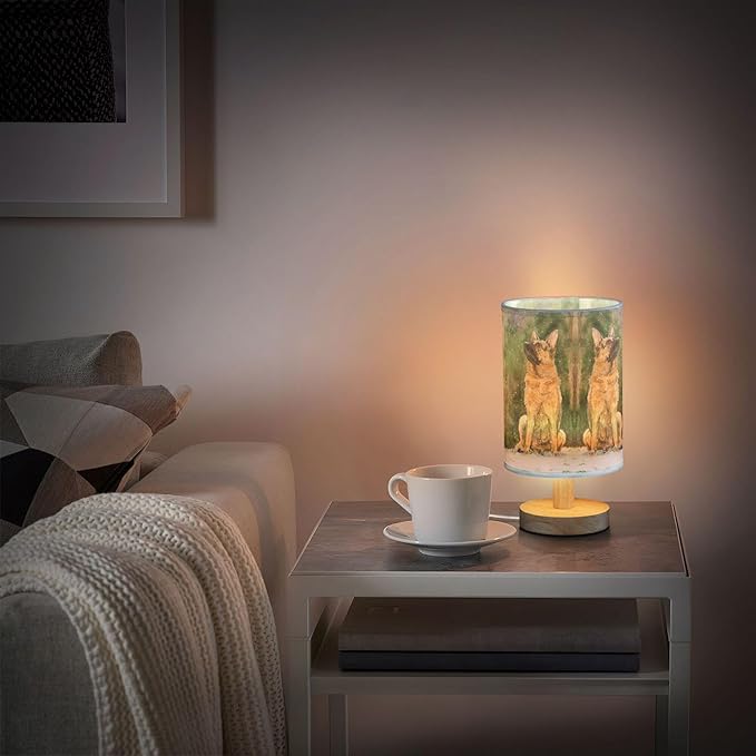 Table Lamp German Shepherd Dog Snowflake Nightstand Lamp with Wood Base Fabric Lamp Shade Bedside Desk Lamp for Living Room Bedroom Kids Room Office
