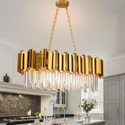 Crystal Chandeliers for Dining Room,Gold Chandeliers Modern Crystal Chandelier Pendant Light Fixture 8 Lights Contemporary Large Hanging Ceiling Light Fixtures for Living Room Kitchen Island L32"