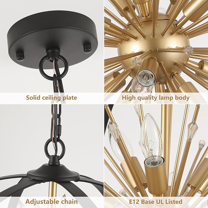 MEIXISUE Modern Sputnik Chandelier,Black Gold Globe Crystal Firework Pendant Light Fixture Industrial 12-Light for Entryway Foyer Kitchen Dining Living Room UL Listed