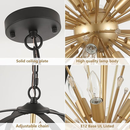 MEIXISUE Modern Sputnik Chandelier,Black Gold Globe Crystal Firework Pendant Light Fixture Industrial 12-Light for Entryway Foyer Kitchen Dining Living Room UL Listed