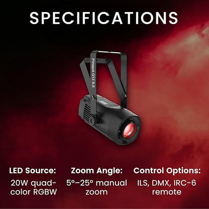 CHAUVET DJ – PinSpot Q1Z ILS Compact LED Pinspot Light | 20W RGBW Quad-Color, Manual Zoom, OLED Display | ILS Instant Light Shows | IRC-6 Remote & ILS Command Compatible | DMX Control