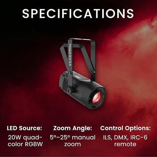 CHAUVET DJ – PinSpot Q1Z ILS Compact LED Pinspot Light | 20W RGBW Quad-Color, Manual Zoom, OLED Display | ILS Instant Light Shows | IRC-6 Remote & ILS Command Compatible | DMX Control