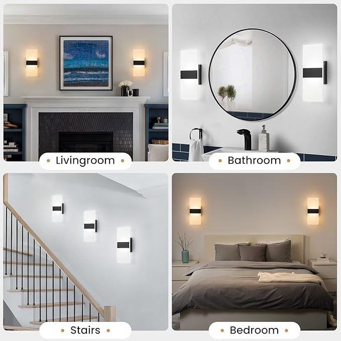 12 Inch Modern Black LED Wall Sconce, Indoor Dimmable Wall Lights, 12W 2700K-5000K Adjustable, Hardwired Up and Down Acrylic Wall Mount Light for Living Room Bedroom Hallway, ETL