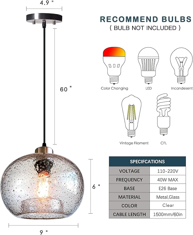 CASAMOTION Hand Blown Clear Glass Pendant Lights with Black Marble, Modern Rustic Kitchen Island Ceiling Hanging Light Fixtures for Dining Room Table Bedroom, Oval Globe 8.7 Inch Diameter, 2 Pack