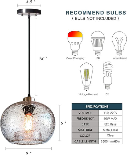 CASAMOTION Handblown Glass Pendant Lighting Drop Ceiling Lights, Modern Rustic Hanging Light Clear Seeded Glass with Black Marble, Brushed Nickel Finish, 8.7 Inch Diameter