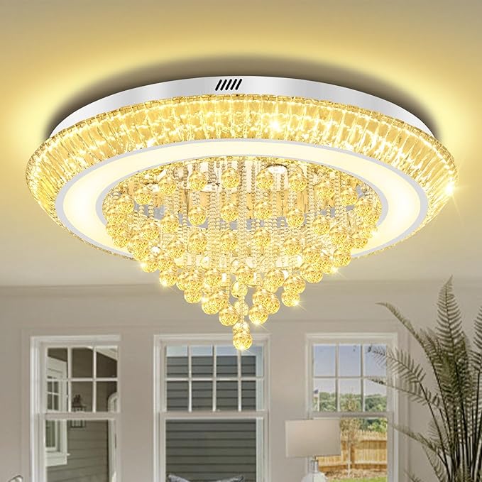 Large Crystal Chandelier for Living Room, Modern Led Luxury Crystal Chandeliers,40in Silver Flush Mount Chandelier Ceiling Light, Raindrop Chandeliers for Dining Room Bedroom