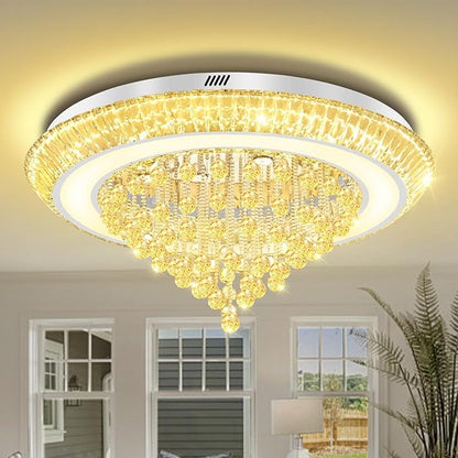 Large Crystal Chandelier for Living Room, Modern Led Luxury Crystal Chandeliers,40in Silver Flush Mount Chandelier Ceiling Light, Raindrop Chandeliers for Dining Room Bedroom