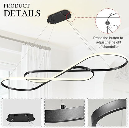 Modern LED Chandelier Black Dimmable LED Pendant Light for Dining Room Light Fixture Over Table Modern Kitchen Island Lighting High Ceiling with Remote for Living Room(56 Inch, 3000K-6500K)