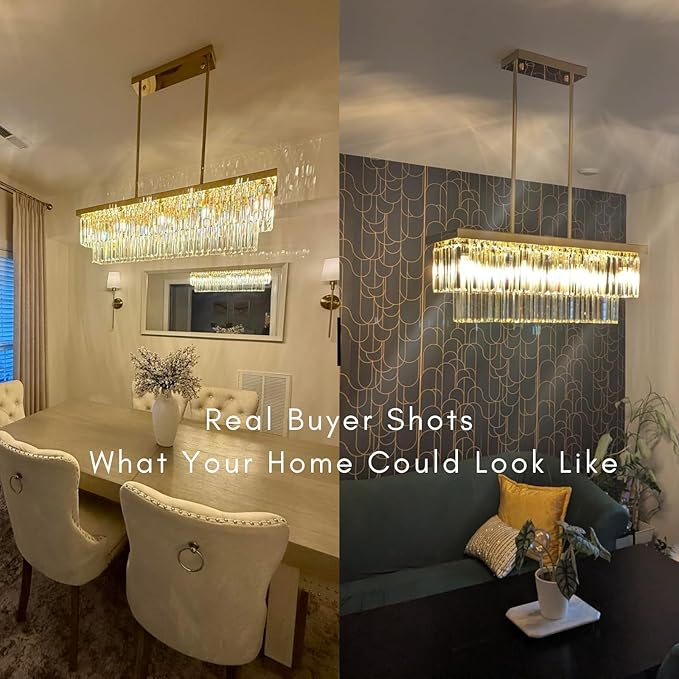 Siljoy 10-Light Rectangle Gold Crystal Chandelier for Dining Room Modern Rectangular 2 Tiers Crystal Raindrop Chandelier Linear Pendant Ceiling Light Fixture for Kitchen Island L40'' x W10'' x H10''