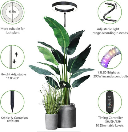 Grow Light for Indoor Plants, 6.3" Full Spectrum LED Plant Grow Light, 11.8-63in Height Adjustable Growing Lamp with Auto Timer 3H/9H/12H, 10 Dimmable Levels (Black 2 Pack)