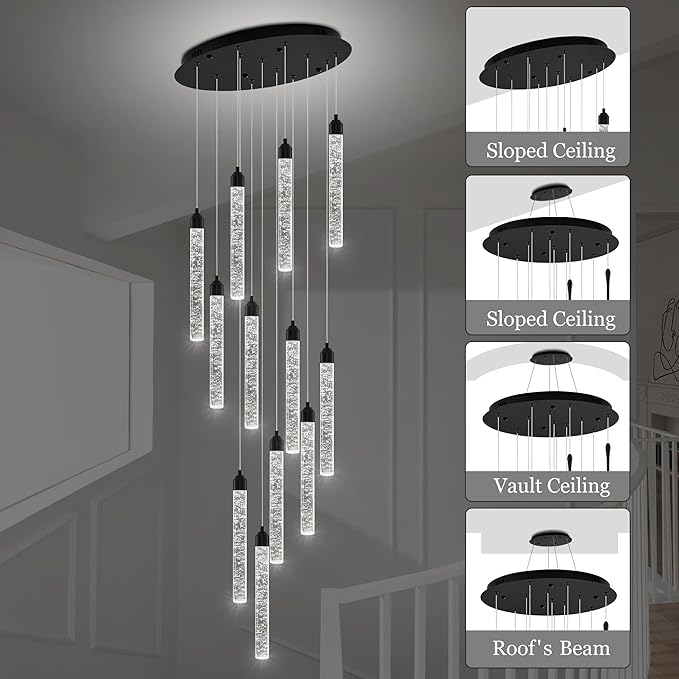 Crystal Staircase Chandelier, Modern Black Large Spiral Dimmable LED Cluster Raindrop Foyer Chandelier Lighting, Bubble Living Room Hanging Light Fixture 12 Light Remote Control
