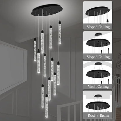 Crystal Staircase Chandelier, Modern Black Large Spiral Dimmable LED Cluster Raindrop Foyer Chandelier Lighting, Bubble Living Room Hanging Light Fixture 12 Light Remote Control