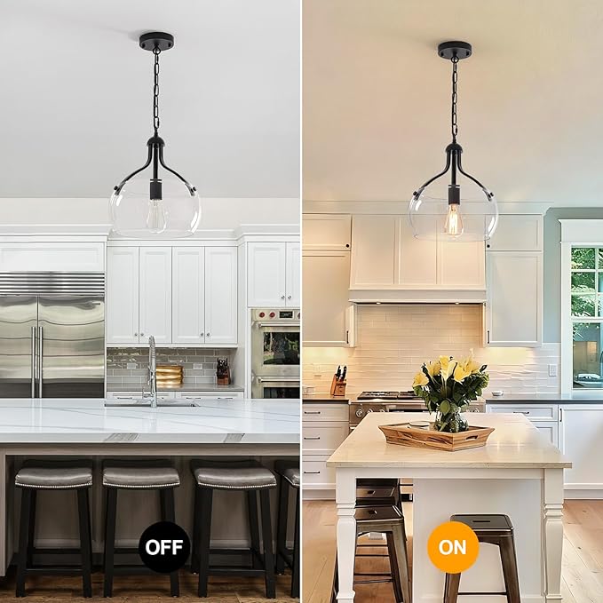 1-Lights Modern Pendant Lights Kitchen Island, Matte Black Pendant Light Fixtures with 11.8" Clear Glass Shade, Industrial Hanging Chandelier for Kitchen Entryway Bedroom Foyer