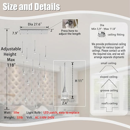 ykolupty Modern Rectangular Chandelier,14 Lights Silver Raindrop Chandelier Lighting,Industrial Linear Pendant Ceiling Light Fixture for Dining Living Room Kitchen Island