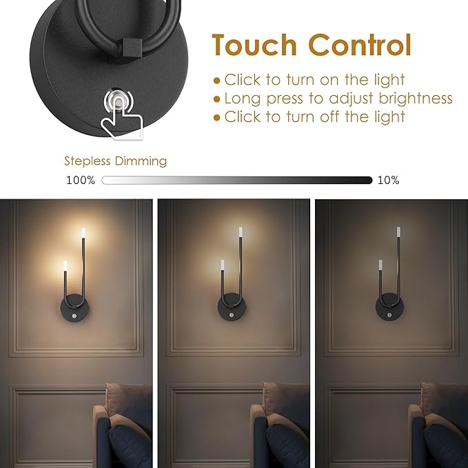 Aipsun Black Battery Operated Wall Sconce Set of 2, Modern LED Stepless Dimming Rechargeable Wall Sconce Indoor Wireless Wall Lights for Bedroom,Living Room,Hallway Warm Light 3000K