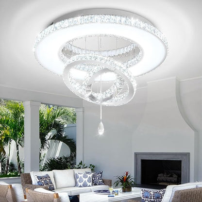 Flashing God Dia 32'' Modern Crystal Chandeliers for Living Room Crystal Flush Mount Ceiling Chandelier Large Chandeliers for Dining Room Bedroom Chrome LED Dimmable 3000-6000K