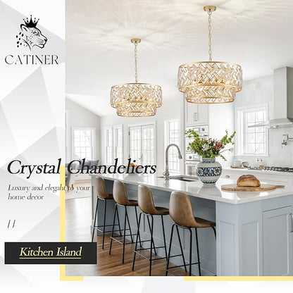 CATINER Gold Crystal Chandelier, 8-Light Drum Semi Flush Mount Ceiling Light, 24'' Luxury Brass Tone Pendant Fixture for Dining Room, Living Room, Kitchen, Foyer, Bedroom