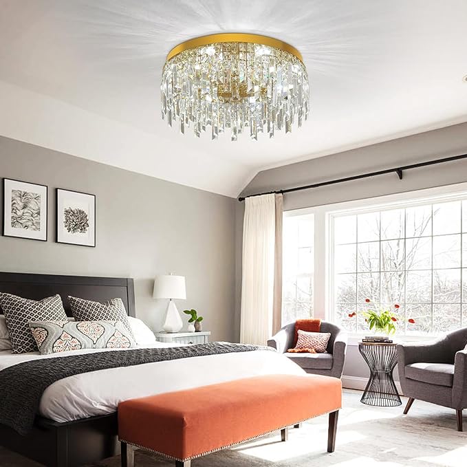 VETRULUS Gold Crystal Chandeliers for Dining Room 19.68" Round Luxury Flush Mount Crystal Ceiling Light Fixture Modern Chandelier for Bedroom Living Room Kitchen Island
