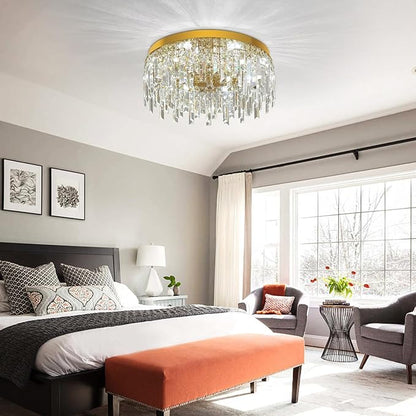 VETRULUS Gold Crystal Chandeliers for Dining Room 19.68" Round Luxury Flush Mount Crystal Ceiling Light Fixture Modern Chandelier for Bedroom Living Room Kitchen Island