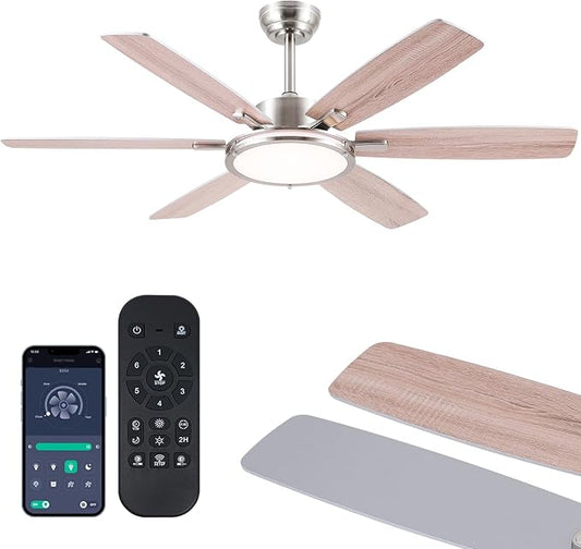 Hounberi Ceiling Fans with Lights, 52 Inch Brushed Nickel Ceiling Fan with Light and Remote Control, 3CCT, 6 Speeds, Quiet Reversible DC Motor, Dimmable, Ceiling Fan for Bedroom, Patio, Living Room