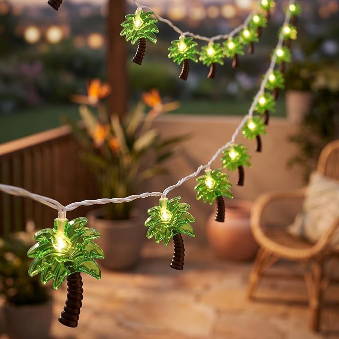 8.5Ft Palm Tree Lights Outdoor, Patio Lights String with 10 LED Summer Beach Themed Lights for Indoor Bedroom Tiki Party Decor, White Wire