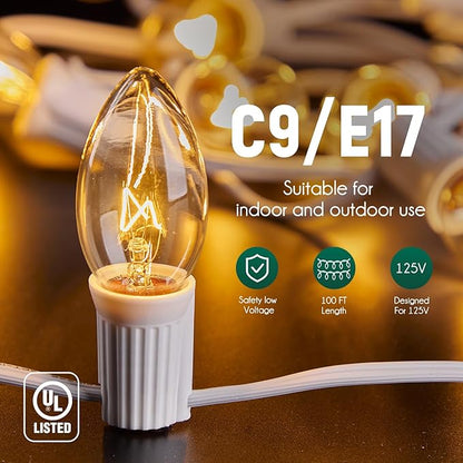 C9 Light Strand 100 FT for E17-12 Spacing, Outdoor String Light Christmas Stringer with 100 Sockets for Patio (White)