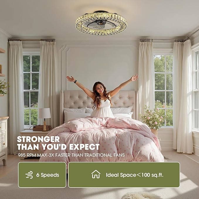 LUDOMIDE Flush Mount Ceiling Fan with Light, 22" Modern Crystal Chandelier Ceiling Fan with Smart 4-Light Color Change, Dimmable LED Ceiling Fan, 6 Wind Speeds, Low Profile Ceiling Fan for Bedroom
