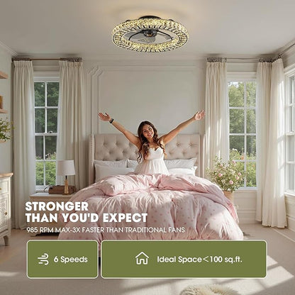 LUDOMIDE Flush Mount Ceiling Fan with Light, 22" Modern Crystal Chandelier Ceiling Fan with Smart 4-Light Color Change, Dimmable LED Ceiling Fan, 6 Wind Speeds, Low Profile Ceiling Fan for Bedroom