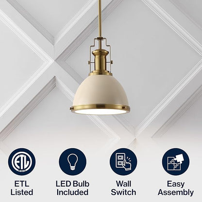 JONATHAN Y JYL9535F 10" Modern Industrial Dome Pendant Light, Farmhouse Hanging Light Fixture in Almond and Brass Gold, Adjustable Height Metal Lighting for Kitchen Island, Dining Room, Entryway