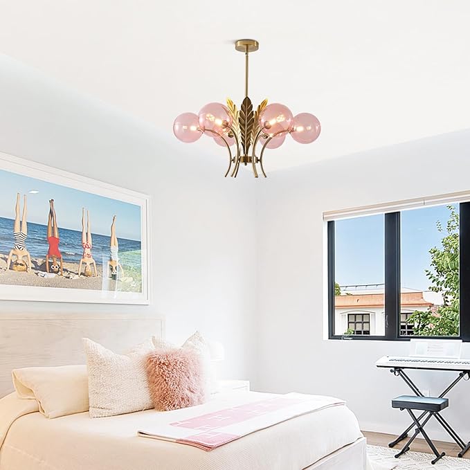BOKT Modern Sputnik Chandeliers 6-Lights Island Pendant Lighting Fixture Mid Century Ball Chandelier with Pink Globe Lampshade Gold Sphere Ceiling Light for Dining Room Living Room Girls Room