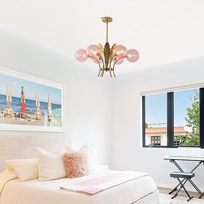 BOKT Modern Sputnik Chandeliers 6-Lights Island Pendant Lighting Fixture Mid Century Ball Chandelier with Pink Globe Lampshade Gold Sphere Ceiling Light for Dining Room Living Room Girls Room