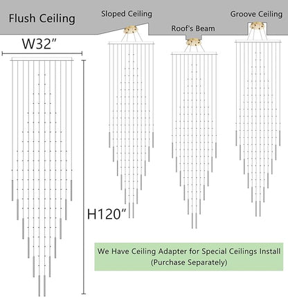 HAIXIANG W32 x H120 Glam Chandelier with LED Bulbs Crystal Raindrop High Ceiling Pendant Light for Entrance Large Villa Chandelier Foyer Lighting Fixtures Gold