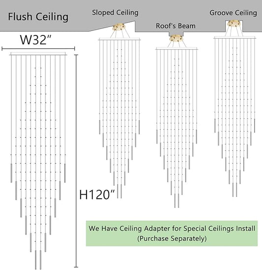 HAIXIANG W32 x H120 Glam Chandelier with LED Bulbs Crystal Raindrop High Ceiling Pendant Light for Entrance Large Villa Chandelier Foyer Lighting Fixtures Gold