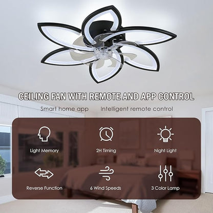 Ceiling Fan with Lights and Remote Control Low Profile Ceiling Fan with Lights Modern Dimmable Flower Shape 29.1" Black, 6 Speeds 3 Light Color Flush Mount Fandelier for Kitchen Bedroom