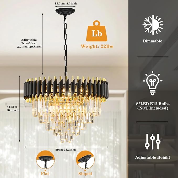 24" Black and Gold Crystal Chandelier Contemporary Large Crystals Chandeliers 5-Tier K9 Crystal Pendant Lamp 8-Light for Dinning Room Living Room Entryway Staircase