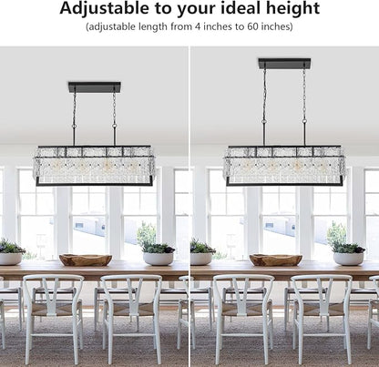Modern Large Rectangle Chandeliers for Dining Room, 4 Lights Black Crystal Kitchen Island Lighting with Water Ripple Glass, Linear Farmhouse Pendant Light Fixture Over Table UL Listed