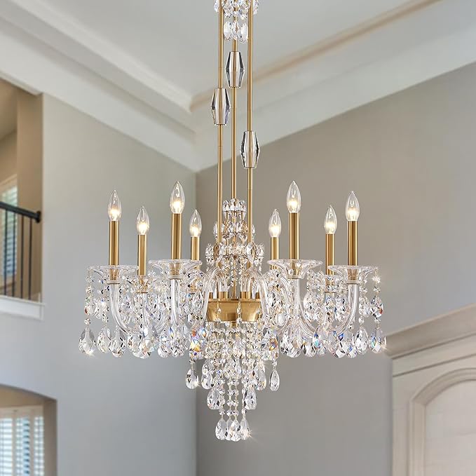 8-Light Crystal Candle Chandelier, Brass Gold Chandelier for Dining Room, Entryway & Living Room, Adjustable Height, E12 Base