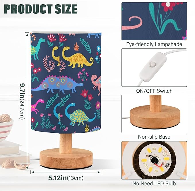 Table Lamp Dinosaur Floral Pattern Nightstand Lamp with Wood Base Fabric Lamp Shade Bedside Desk Lamp for Living Room Bedroom Kids Room Office