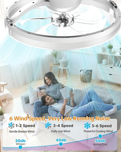Ceiling Fans with Lights and Remote Low Profile Flush Mount LED Ceiling Fan with Lights 3000K-6500K Dimmable Foldable Fandelier Light 6 Wind Speeds Night Light for Bedroom Living Room White (Frosted)