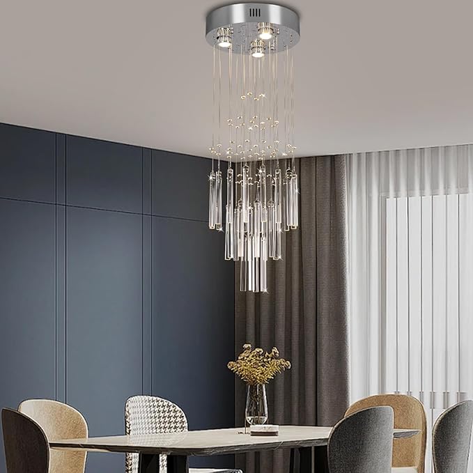 FRIXCHUR 11.8" Modern Crystal Chandelier 33.5" High Ceiling Chandeliers Small Bathroom Chandelier for Entryway Hallway Foyer Staircase