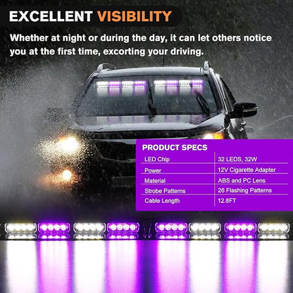Nilight 32LED Purple White Emergency Dash Strobe Lights with Controller Suction Cups Warning Hazard Interior Front/Rear Windshield Deck Split Light Bar for Truck Construction Vehicle