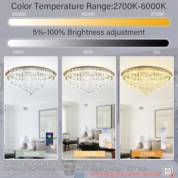 Dia 40" Modern Crystal Chandeliers for Living Room,Gold Large Chandelier Flush Mount Chandeliers for Bedrooms Dining Room Dimmable 2700k 4500k 6000k