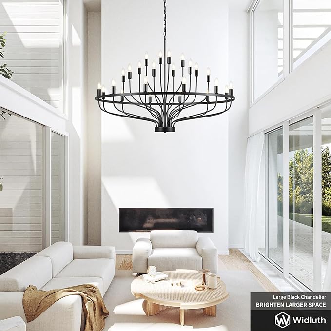 47.2" Large Black Chandelier 24 Light Rustic Industrial Candle Chandeliers Modern Farmhouse Vintage Wagon Wheel Chandelier for Dining Room, Kitchen Island, Hallway, Living Room, Foyer, E12