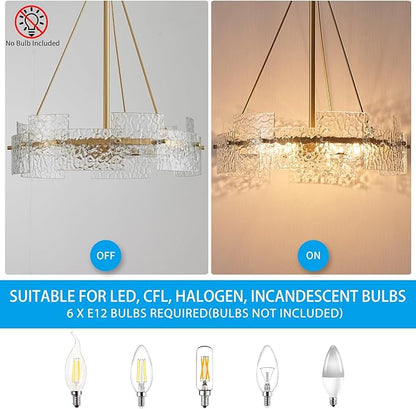 XINGQI 6-Light Modern Gold Glass Chandelier 19.7" Drum Light Fixture Round Water Ripple Pendant Lighting for Dining Room Living Room Kitchen Island Office