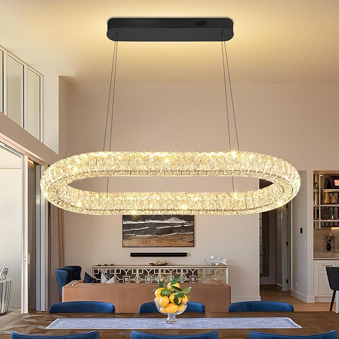 Crystal Ring Chandelier, 31.5'' Black Crystal Ring Pendant Light for Kitchen Island Modern Linear Oval Chandeliers for Dining Room Dimmable 3000K-6000K