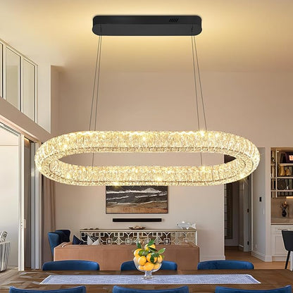 Crystal Ring Chandelier, 31.5'' Black Crystal Ring Pendant Light for Kitchen Island Modern Linear Oval Chandeliers for Dining Room Dimmable 3000K-6000K
