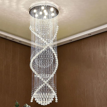 7PM Chandelier for Staircase, Crystal Foyer Chandelier High Ceiling, Modern Raindrop Chandeliers Flush Mount Ceiling Light Fixture for Spiral Staircase, Foyer, Entryway, High Ceiling W25.6 X H 98.4"